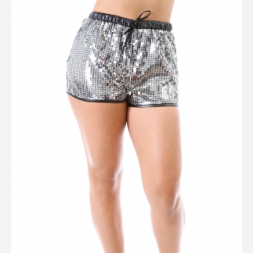 Anthropologie Mustard Seed Silver Sequin Black Party Disco Shorts Size Large